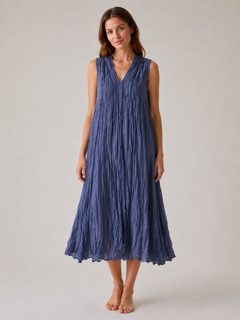 New Boho Crinkle Cotton Maxi Dress Blue Sleeveless V-Neck Lightweight Thailand